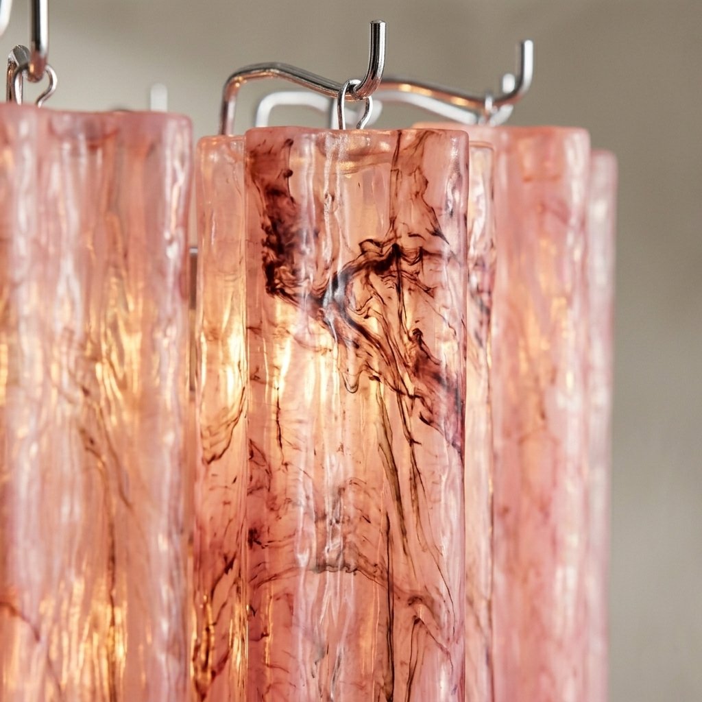 Vue d'ensemble du lustre suspension vénitien en verre rose nuage, montrant ses deux niveaux de diffuseurs lumineux.