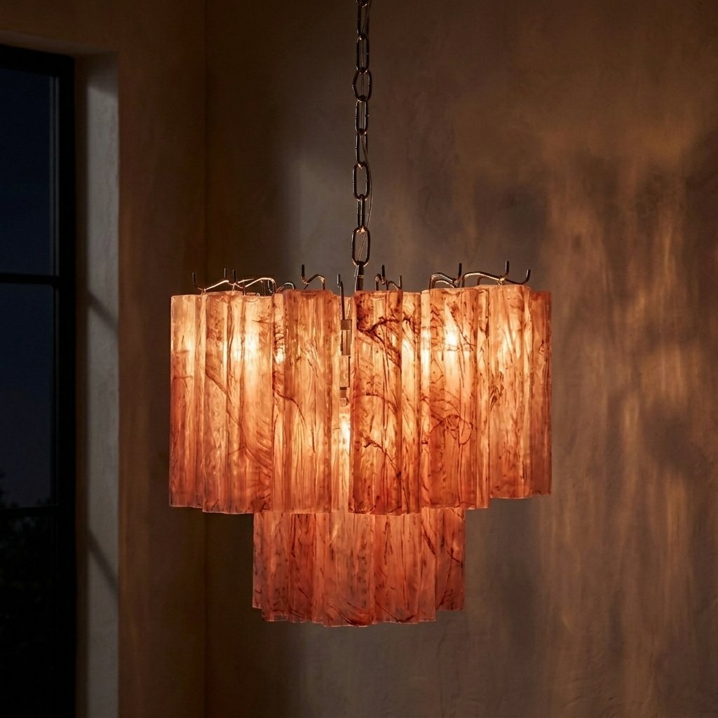 Angle inférieur du lustre en verre rose, mettant en valeur la diffusion de lumière chaude des quatre ampoules LED intégrées.