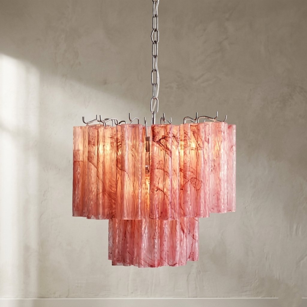 Lustre suspension rose nuage en verre style Murano, éclairant un salon avec une ambiance romantique et chaleureuse.