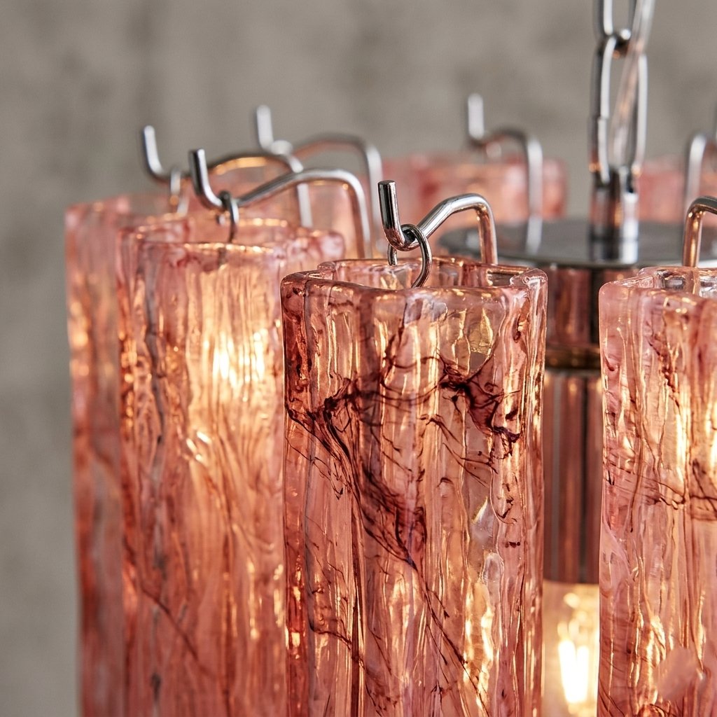 Détail des éléments en verre rose nuage du lustre suspension, révélant la texture et le travail artisanal de chaque pièce.