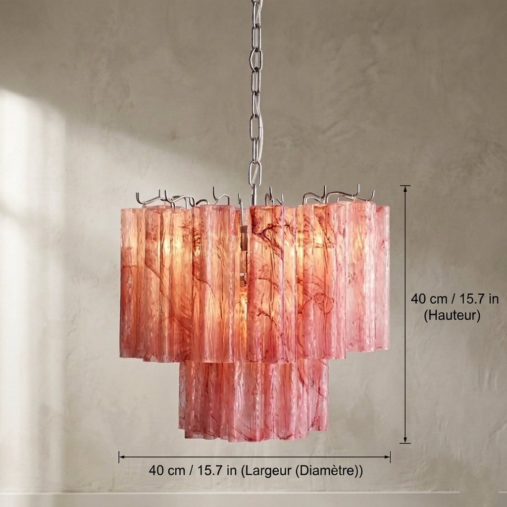 Image du lustre suspension en fer forgé et verre rose nuage, soulignant la chaîne de suspension ajustable de 50 cm.